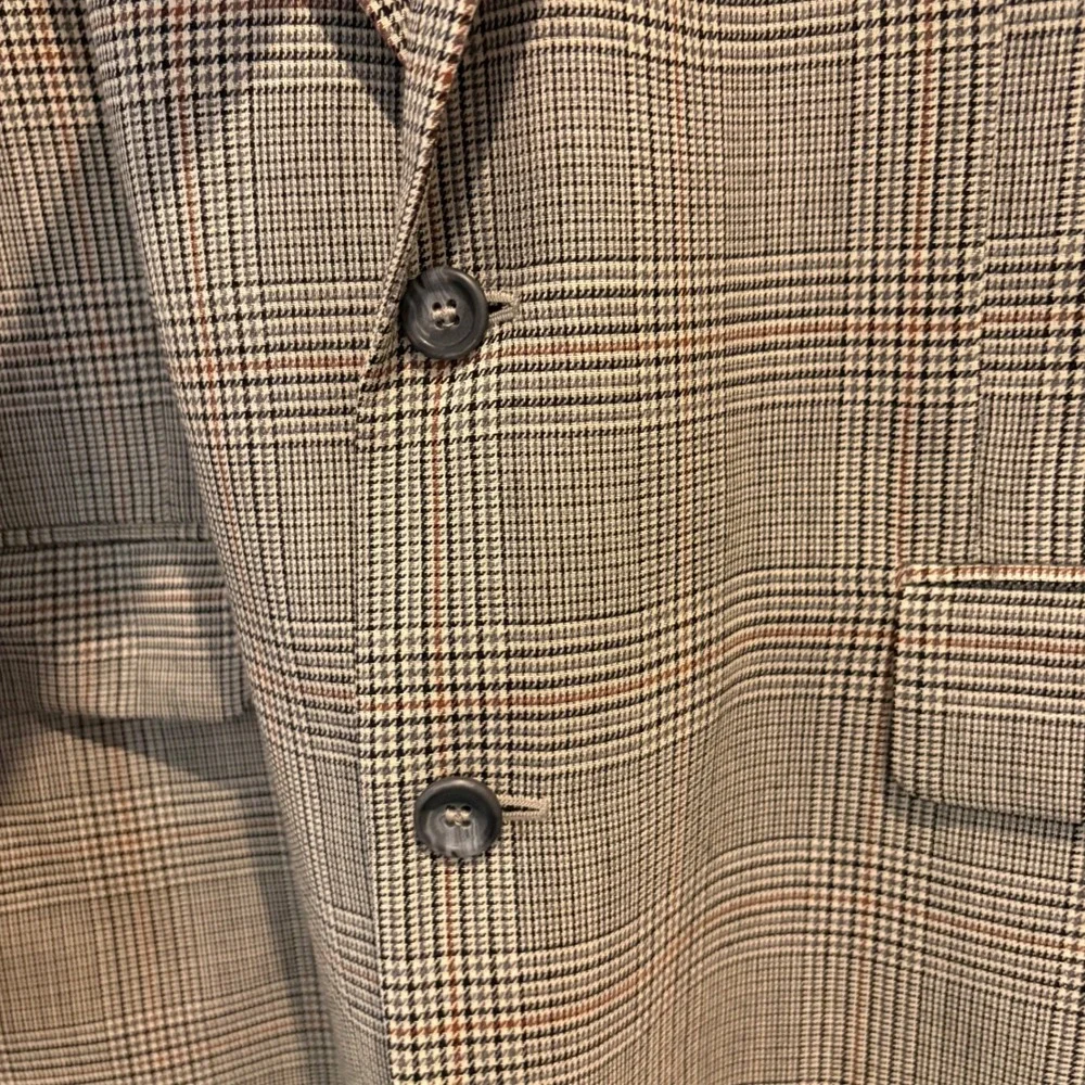 Men's Robert Stock Tan Glen Plaid Sport Coat Blazer 46L Long Wool Blend